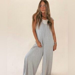 “Free to Flow” Jumpsuit Gray Thin Tie Strap Wide Leg New S